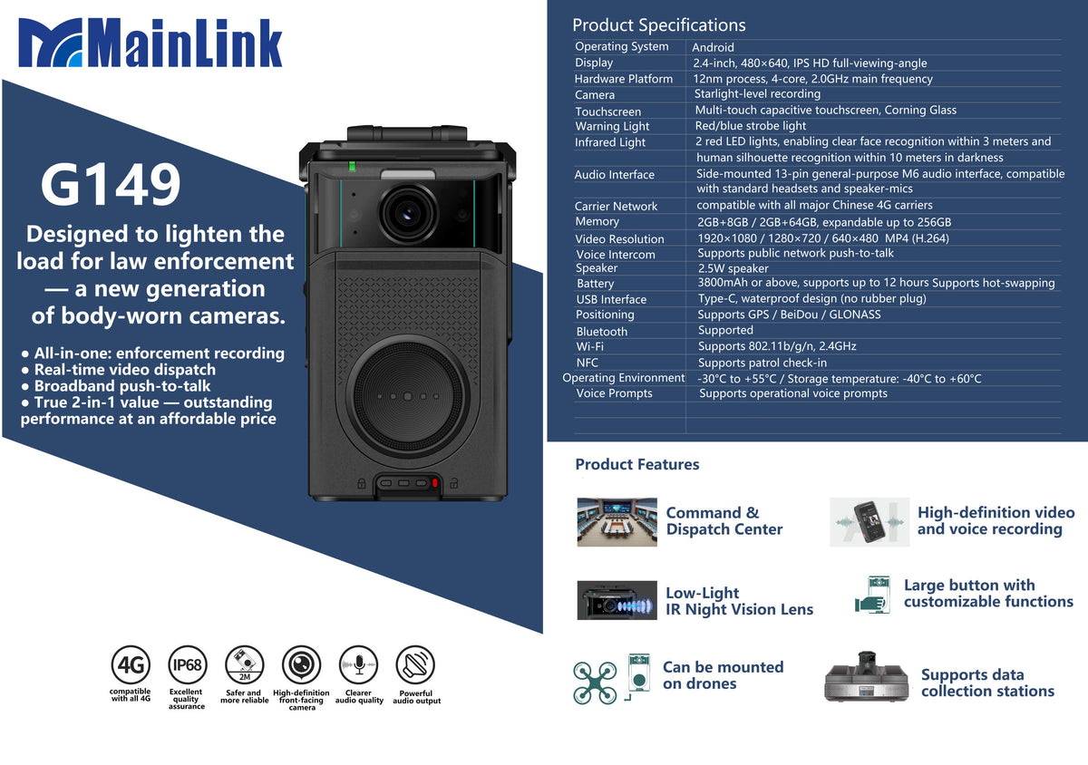 4G Body Worn Camera Global PTT Communication Real Time Video GPS BeiDou GLONASS 2.4 Inch IPS Touchscreen Portable